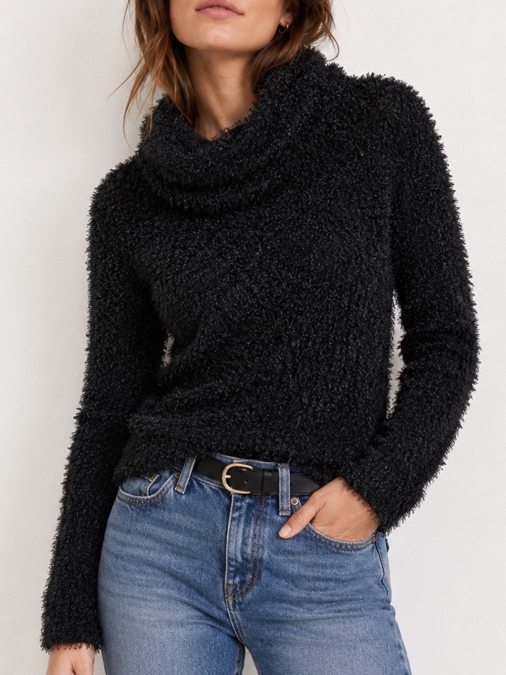 Westbound Black Eyelash Knit Cowl Neck Sweater Large Cozy Fuzzy Soft Pullover